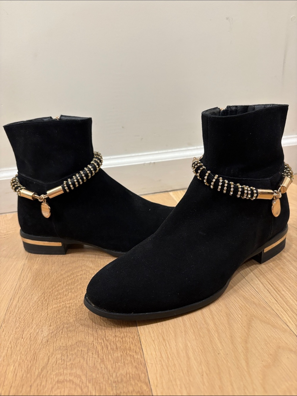 Women's Black Ankle Booties with Gold Chain Accent